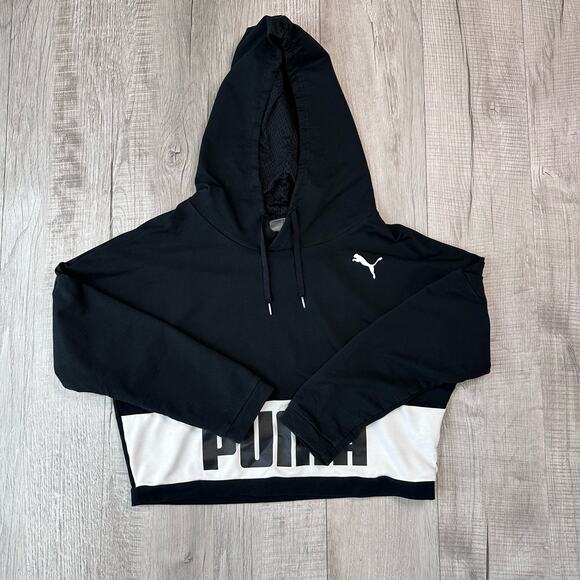 Puma Black/White Hoodie Graphic Crop Long Sleeve Pullover WMNS L 850024-01 Logo - Picture 2 of 8